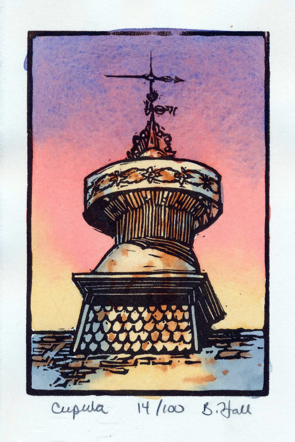 Hand painted linoleum block print