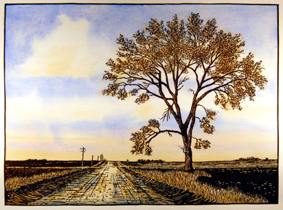 Hand painted linoleum block print